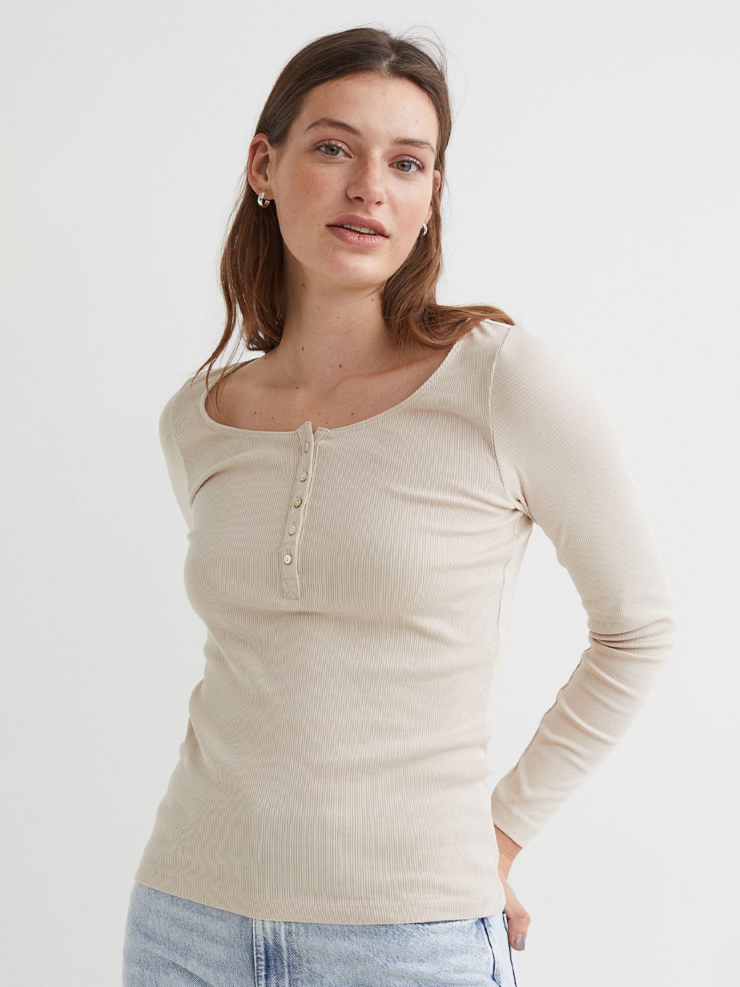 

H&M Women Ribbed Henley Top, Beige