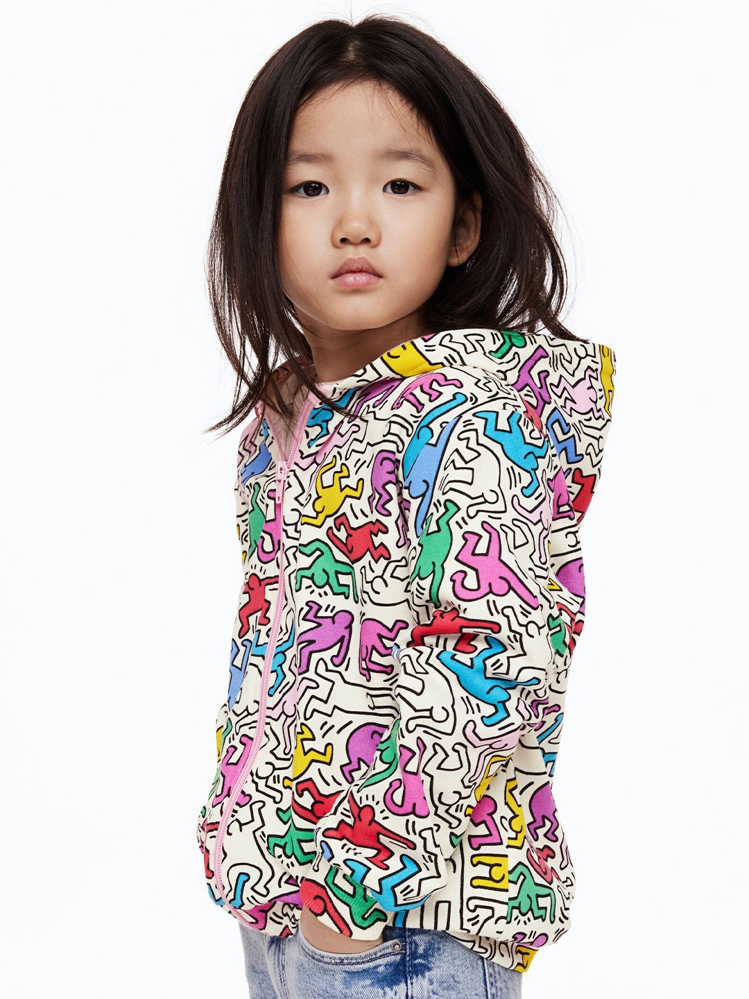 

H&M Girls Patterned Zip-Through Hoodie, White