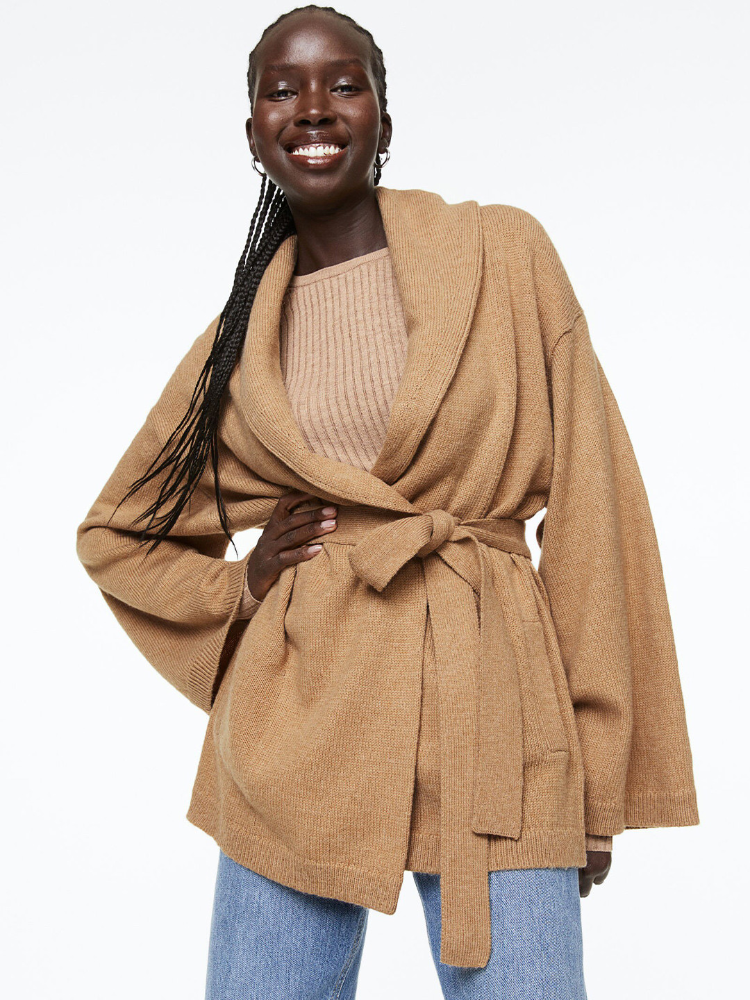 

H&M Women Tie-Belt Fine-Knit Cardigan, Beige