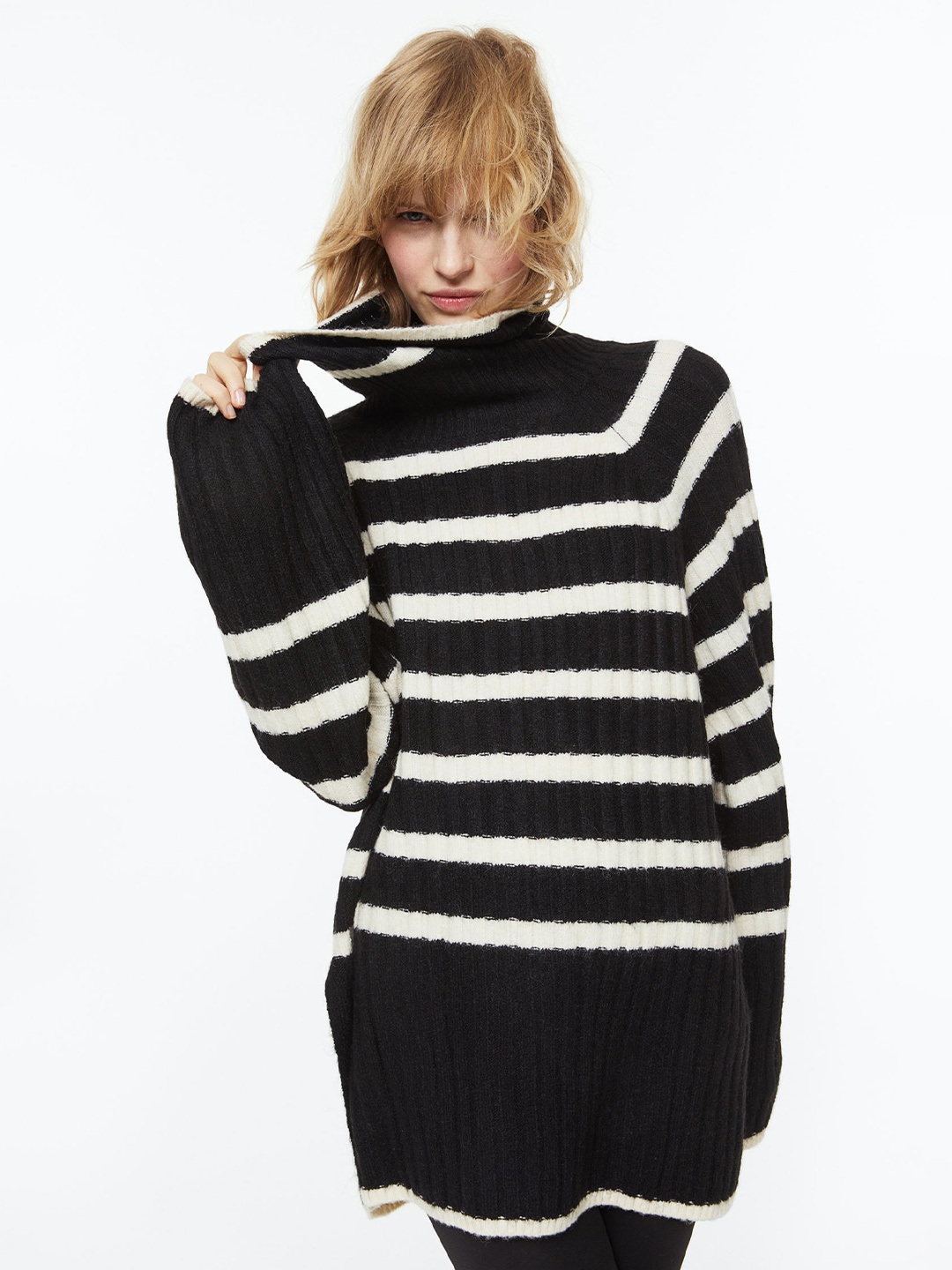 

H&M Women Rib-Knit Polo-Neck Jumper, Black