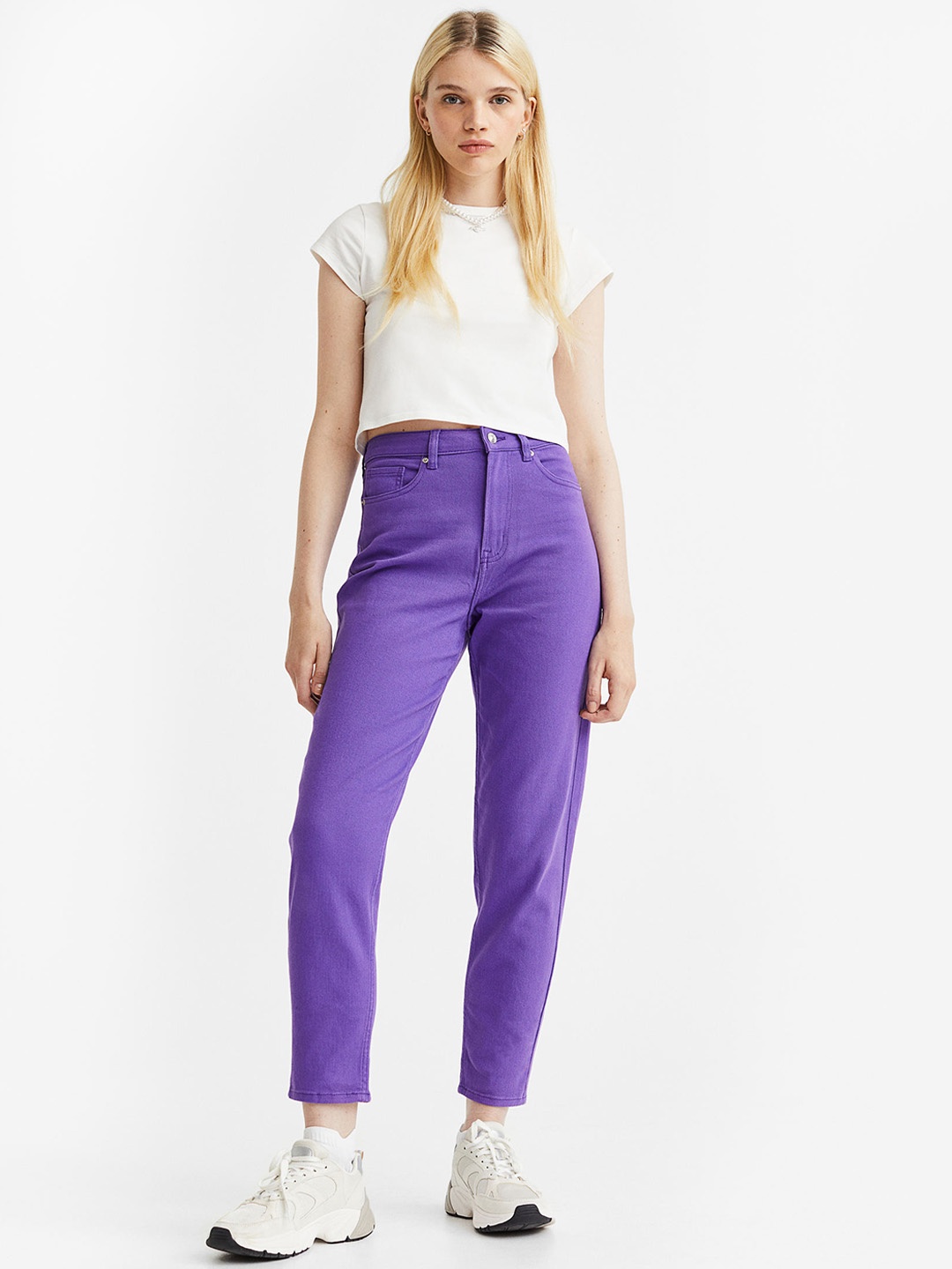 

H&M Women Mom Loose Fit Twill Trousers, Purple