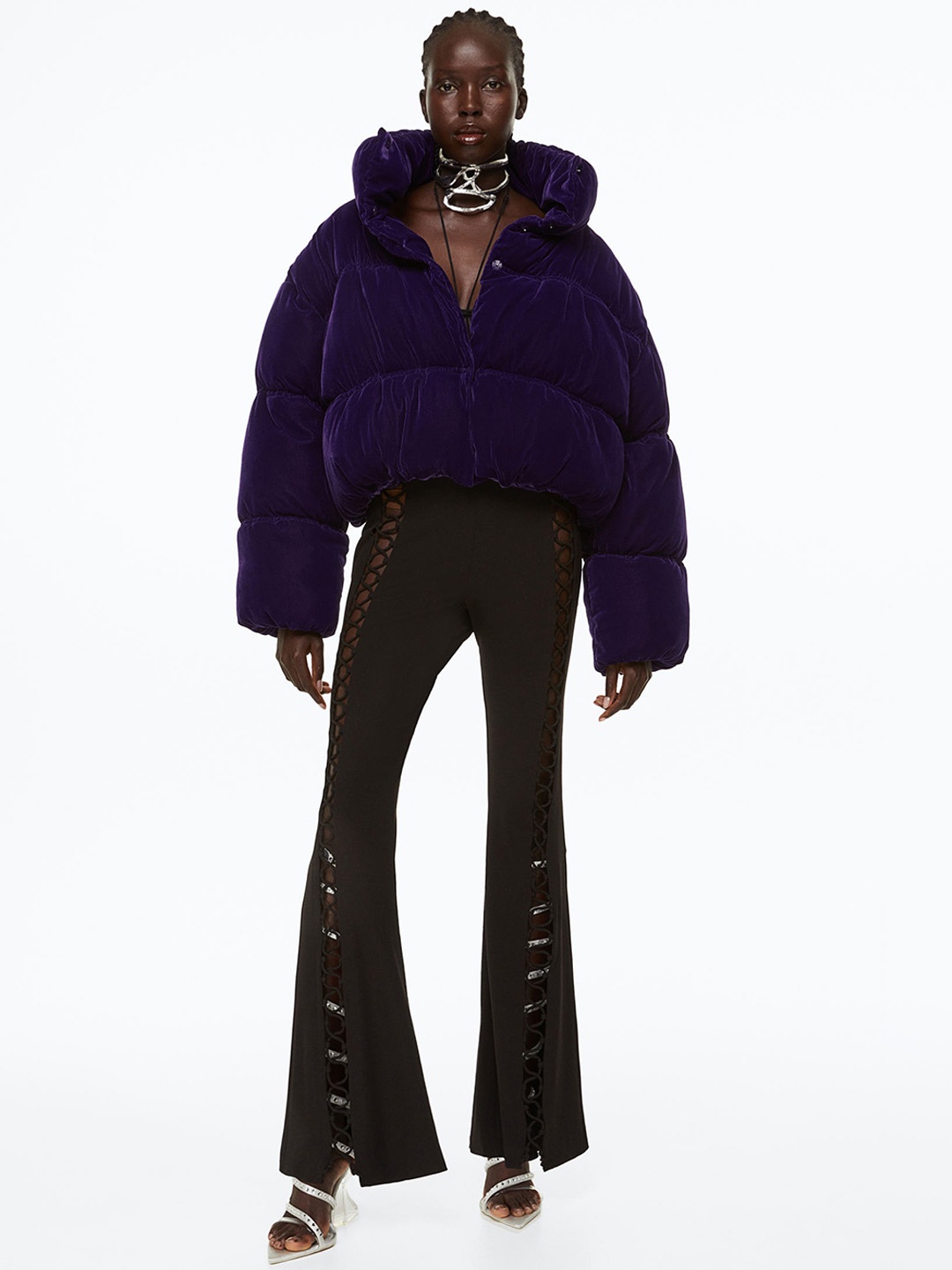 

H&M Women Oversized Velvet Puffer Jacket, Purple