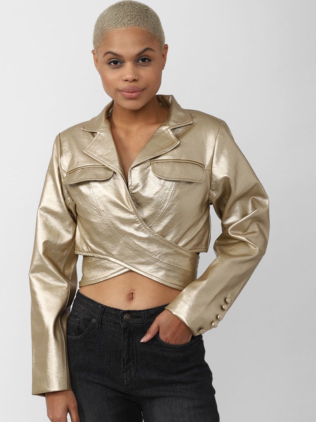 

FOREVER 21 Women Crop Tailored Jacket, Gold