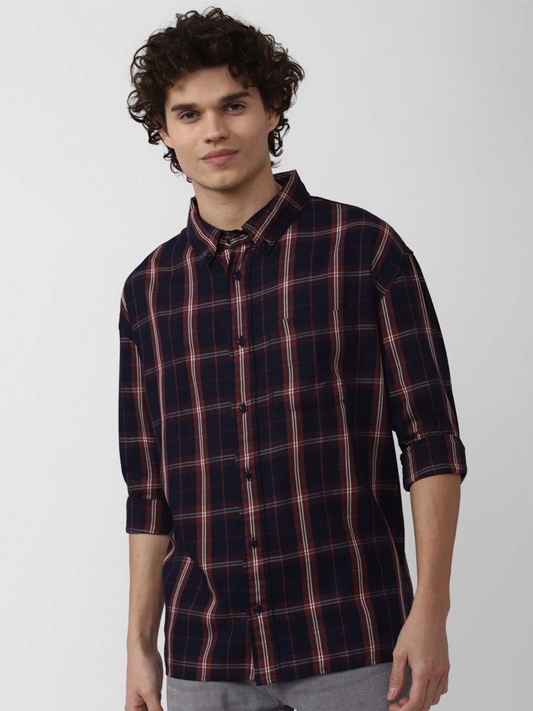 

FOREVER 21 Men Tartan Checks Checked Cotton Casual Shirt, Navy blue