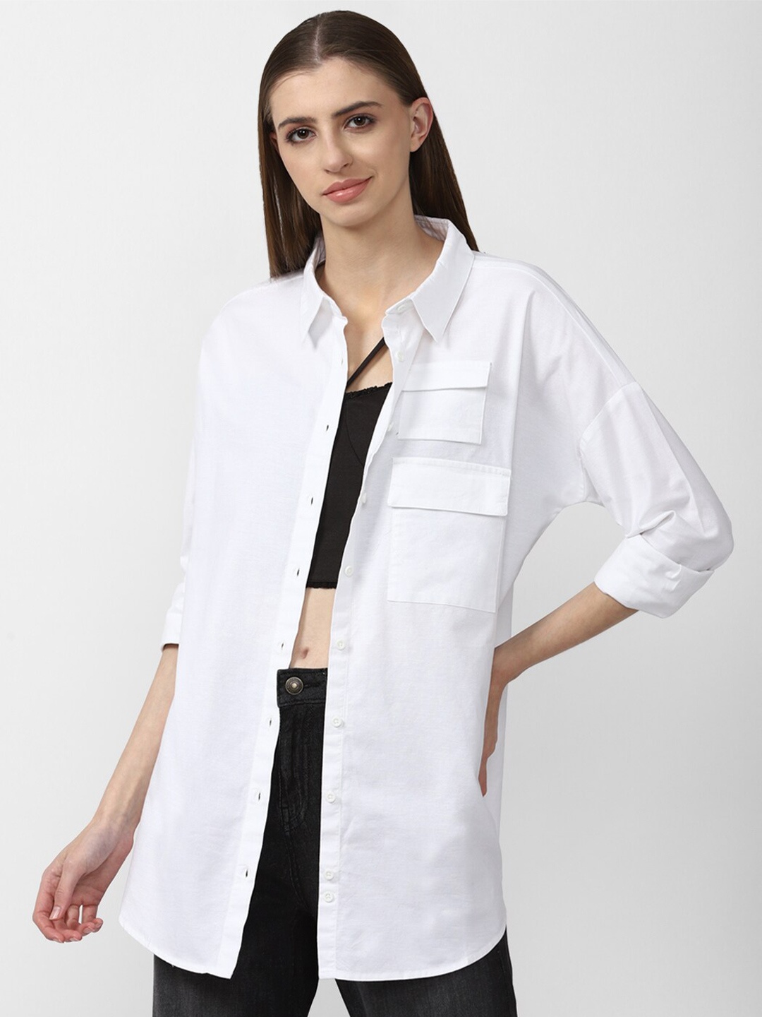 

FOREVER 21 Women Longline Casual Shirt, White