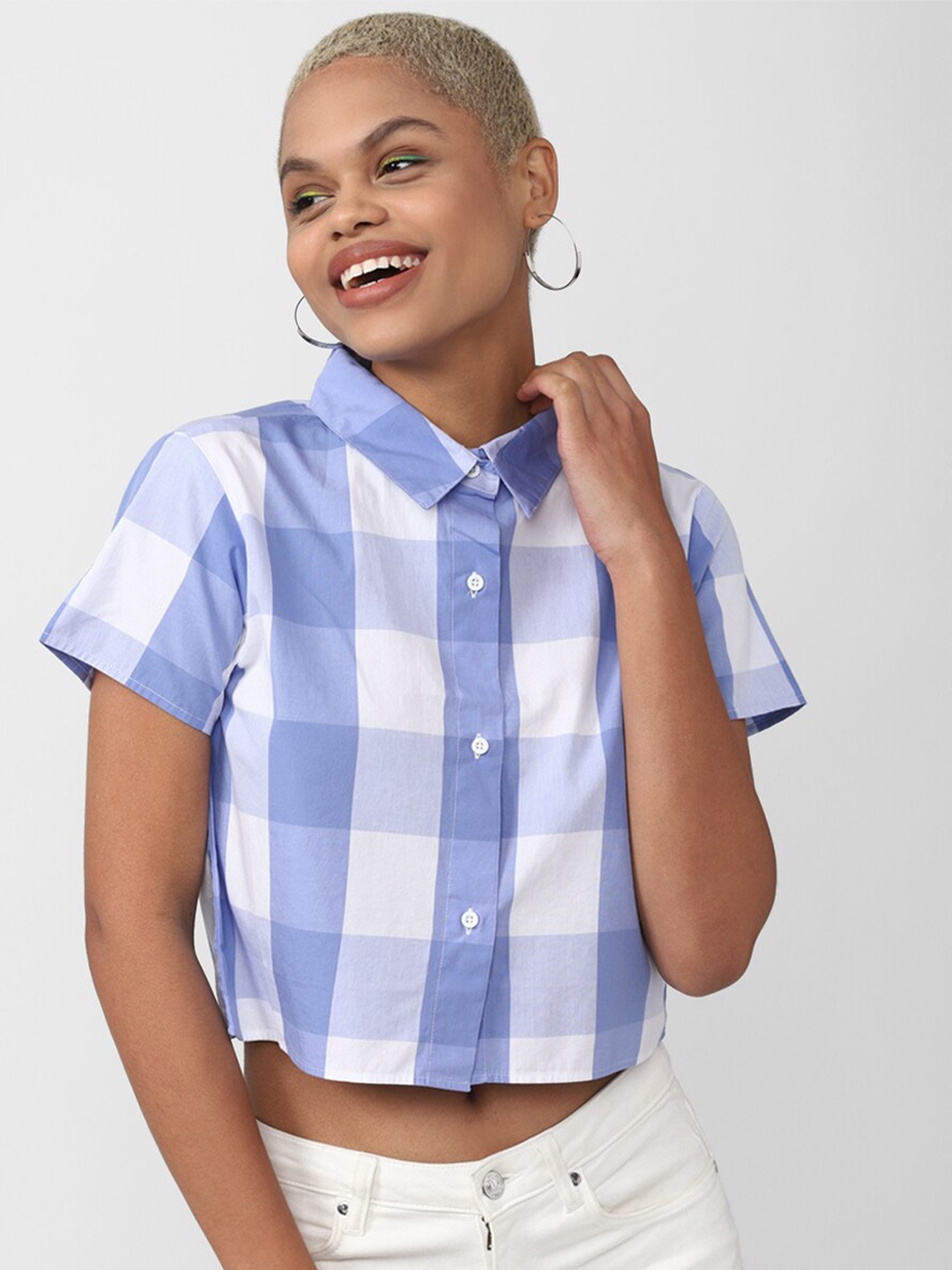 

FOREVER 21 Women Buffalo Checked Casual Shirt, Blue