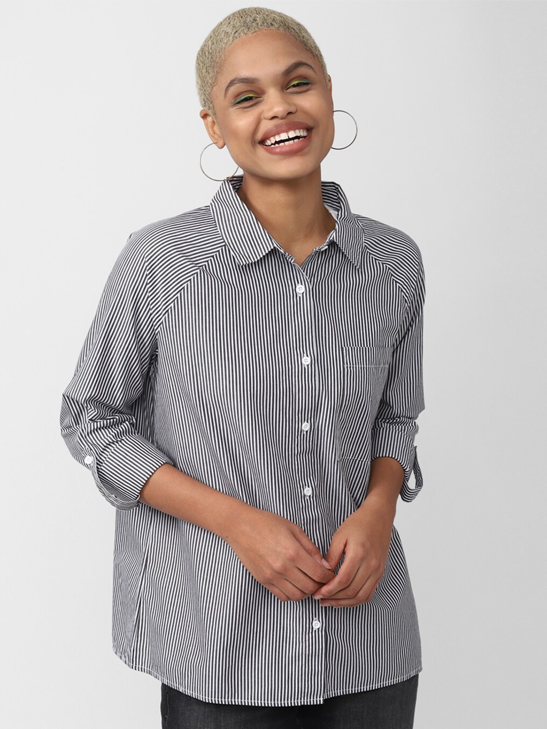 

FOREVER 21 Women Bengal Striped Pure Cotton Casual Shirt, Grey