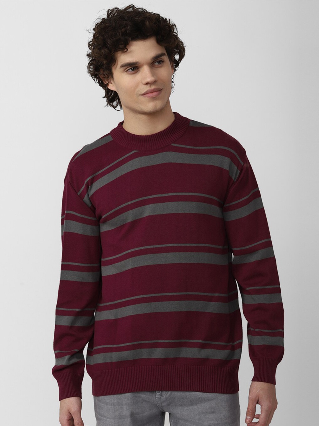 

FOREVER 21 Men Striped Round Neck Cotton Pullover, Maroon