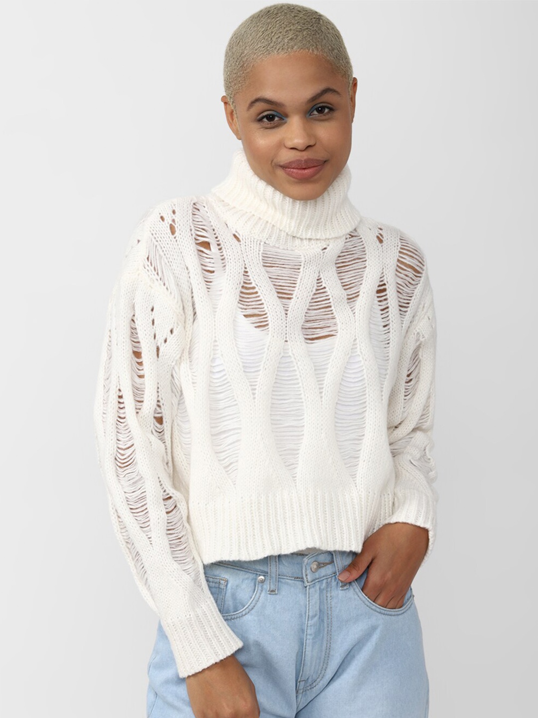 

FOREVER 21 Women Cable Knit Crop Cotton Pullover Sweater, Cream