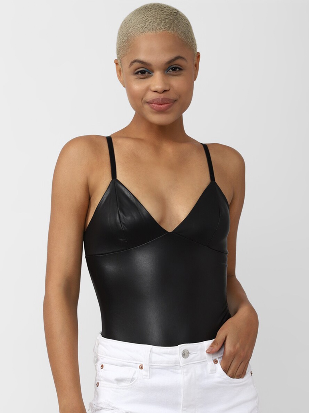 

FOREVER 21 Faux Leather Bodysuit, Black