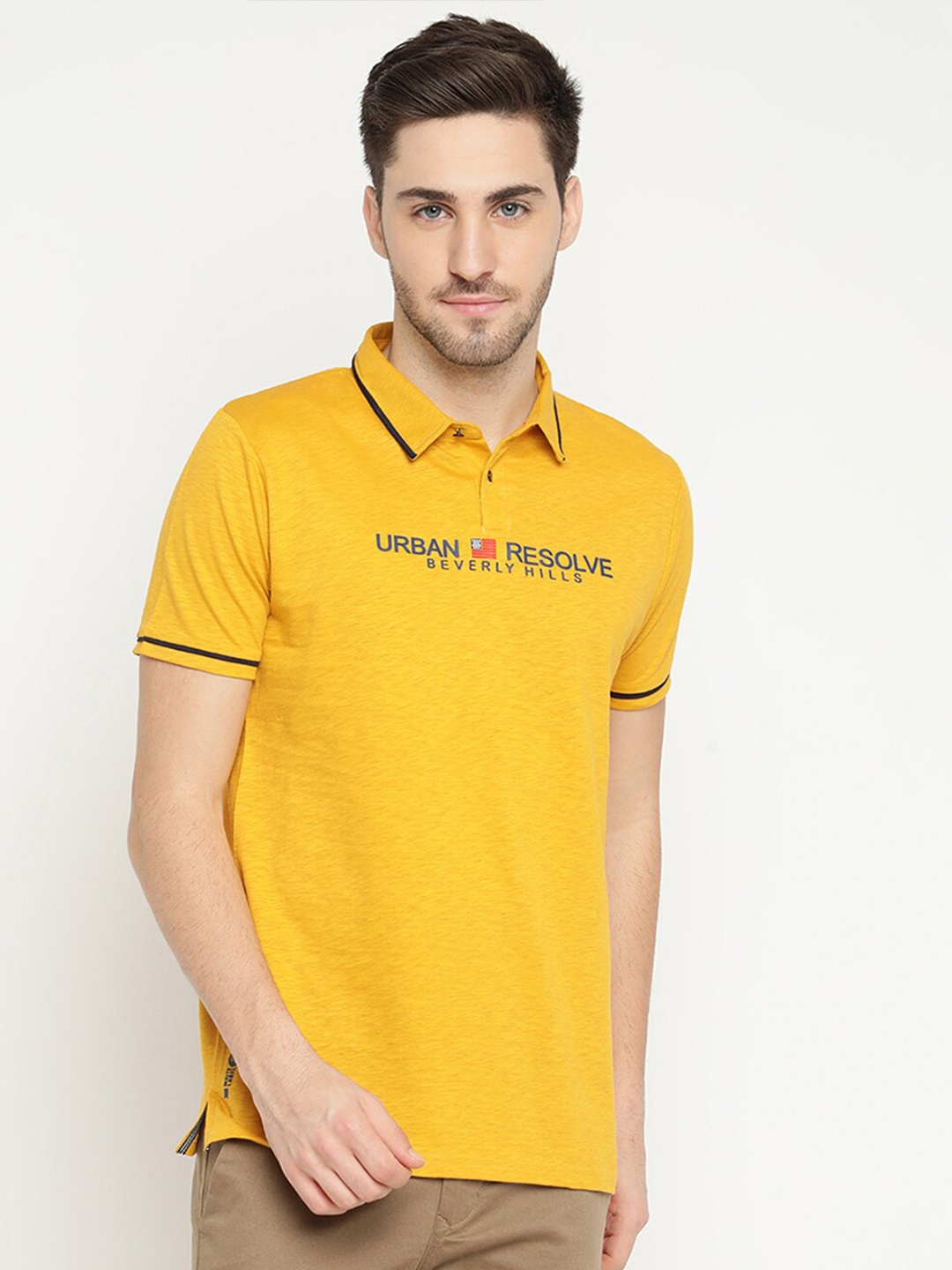 

V2 Value & Variety Men Typography Printed Polo Collar Cotton T-shirt, Mustard