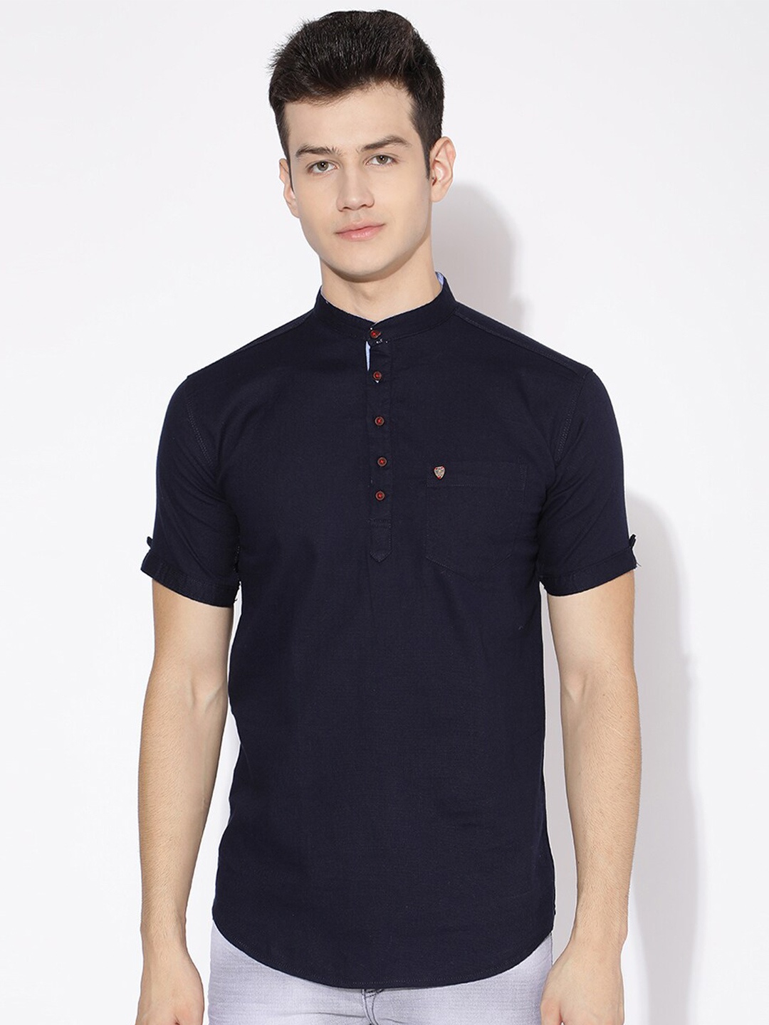 

V2 Value & Variety Men Mandarin Collar Cotton T-shirt, Navy blue