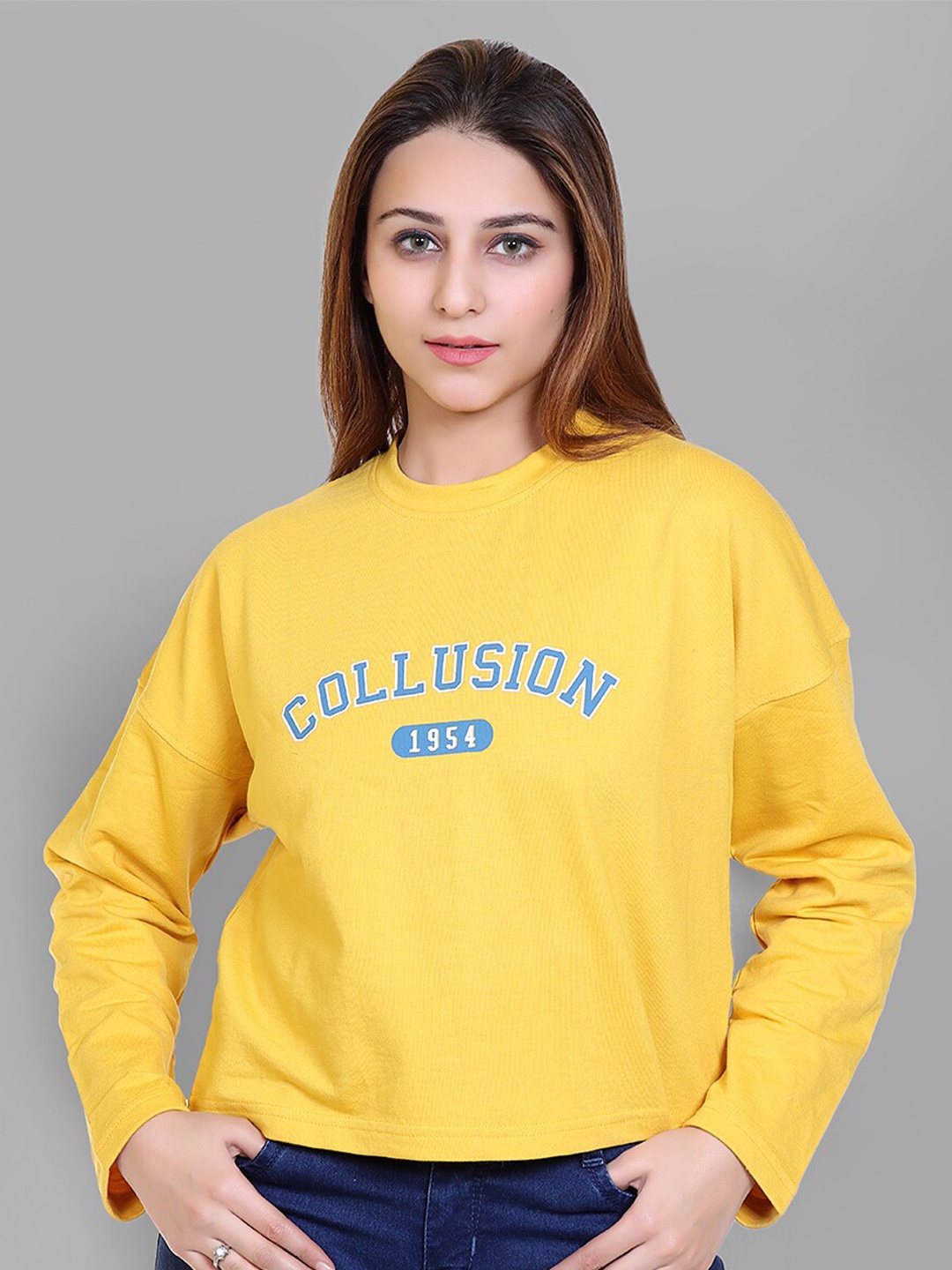 

Club York Women Typography Printed Pullover Sweatshirt, Yellow