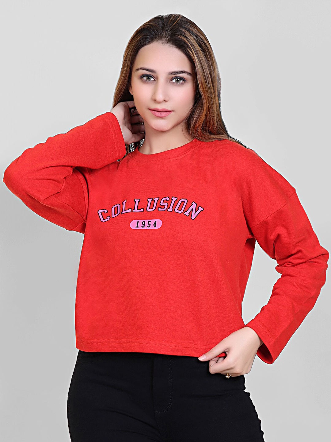 

Club York Women Typography Printed Pullover Sweatshirt, Red