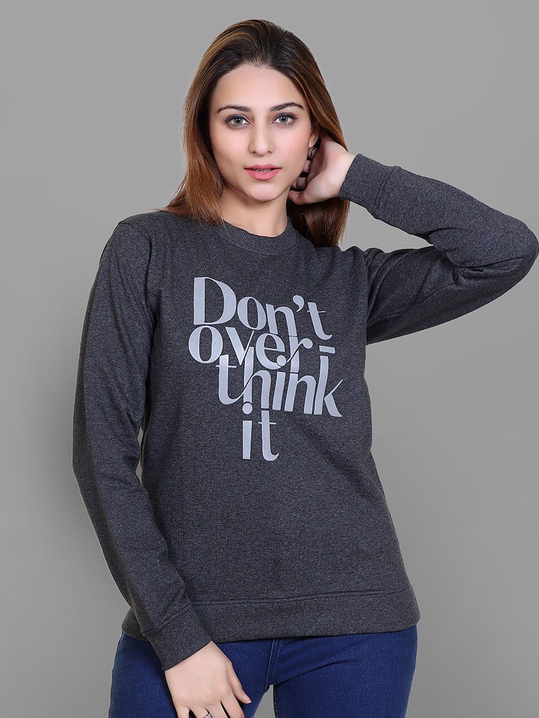 

Club York Women Typography Printed Pullover Sweatshirt, Charcoal