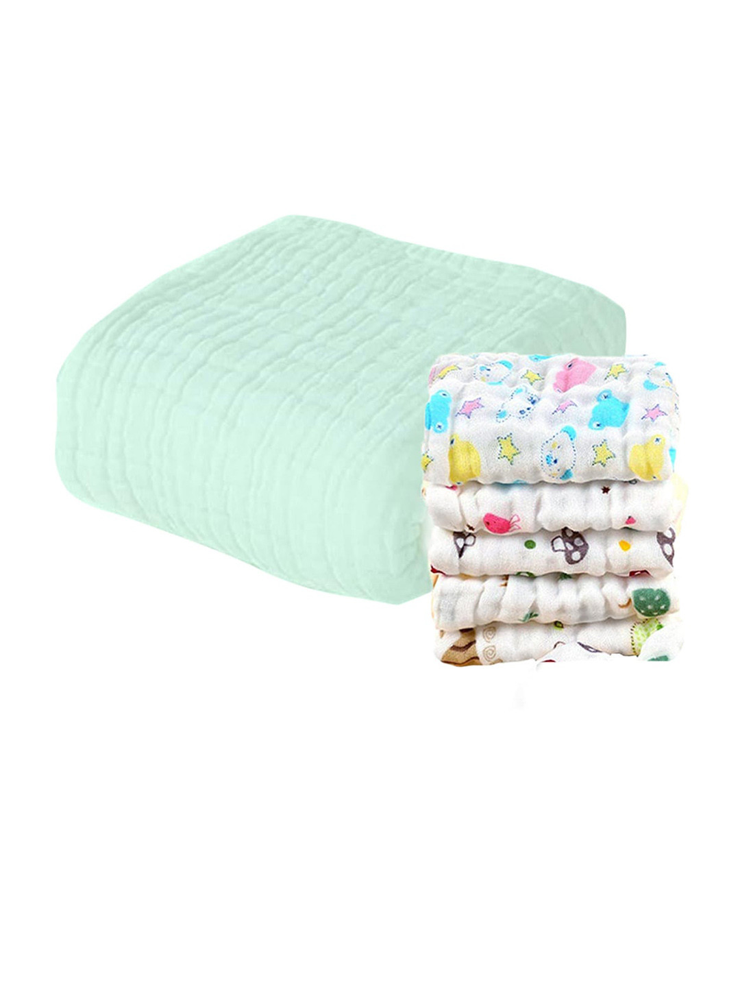 

Moms Home Infants Super Soft Pack Of 6 Printed 500GSM Organic Cotton Bath Towel & Napkin, Green