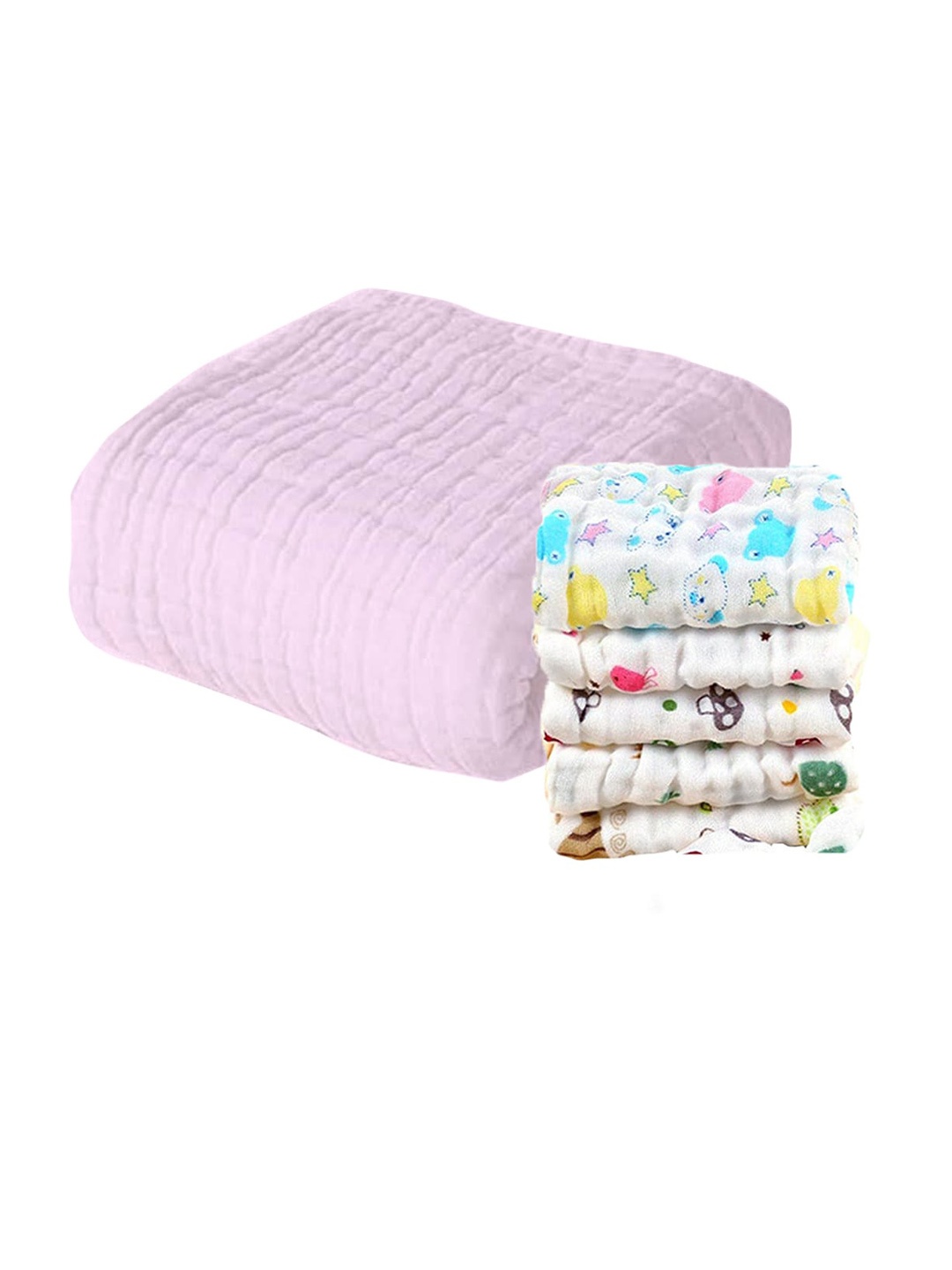 

Moms Home Kids Set Of 6 Printed 500 GSM Organic Cotton Bath Towel With Printed Napkins, Pink