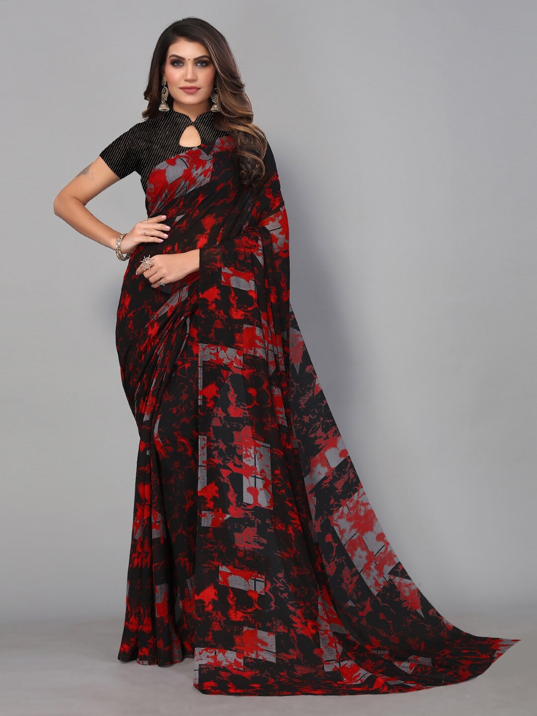 

HRITIKA Printed Pure Georgette Saree, Black