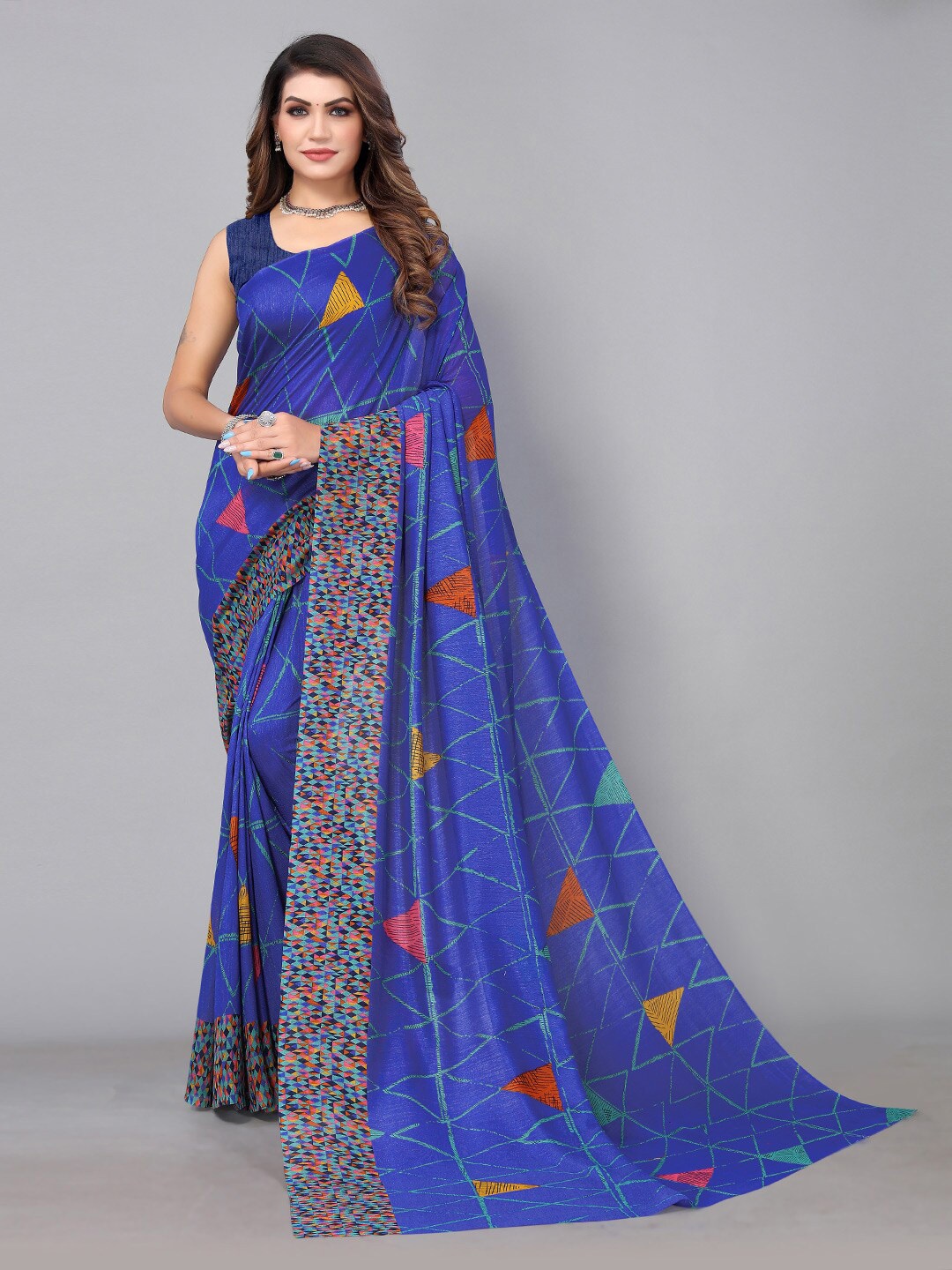 

HRITIKA Pure Georgette Fusion Chanderi Saree, Blue