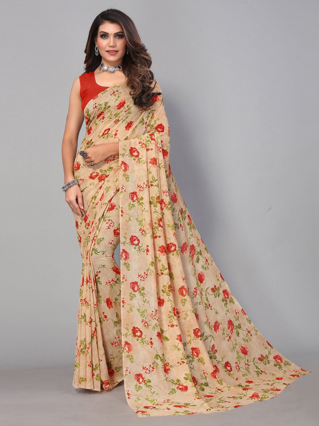 

HRITIKA Floral Pure Georgette Saree, Beige