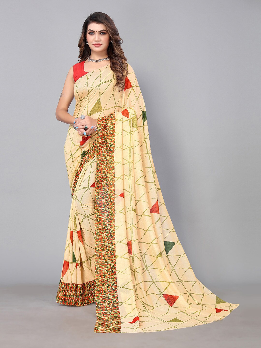 

HRITIKA Geometric Print Pure Georgette Saree, Cream