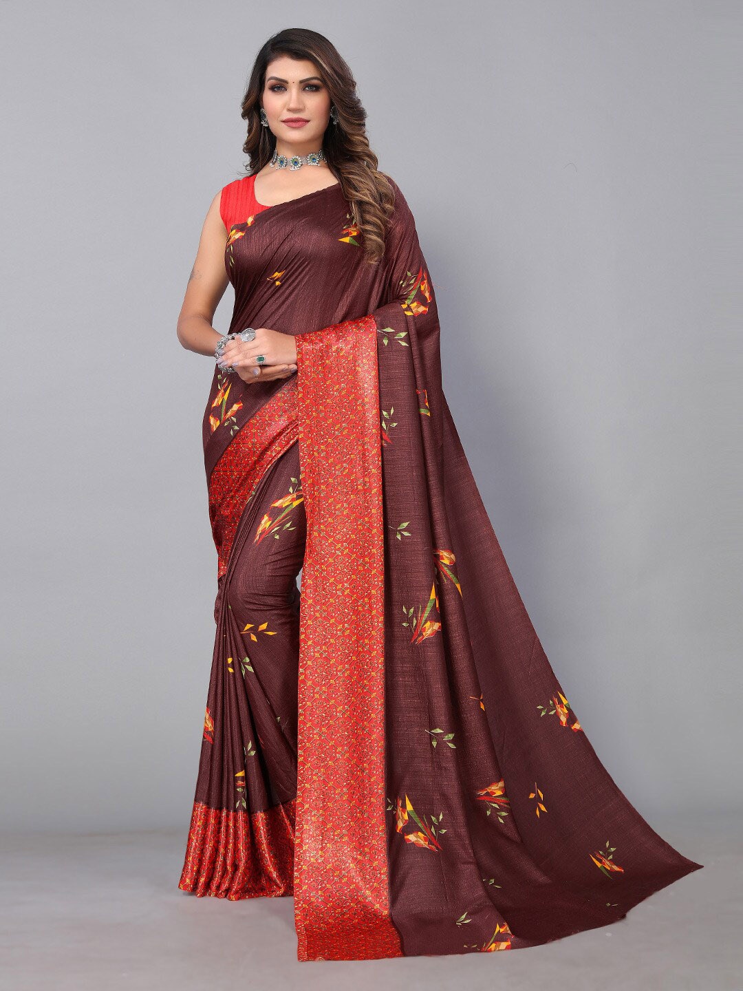 

HRITIKA Floral Print Pure Georgette Saree, Brown