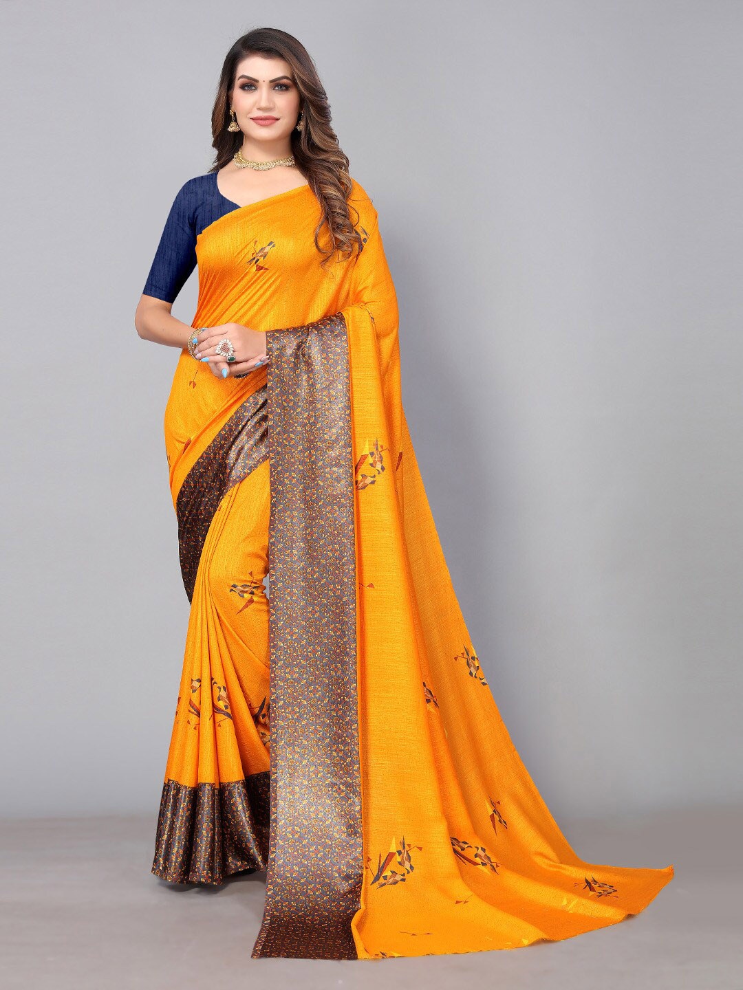 

HRITIKA Mustard & Grey Floral Printed Pure Georgette Saree