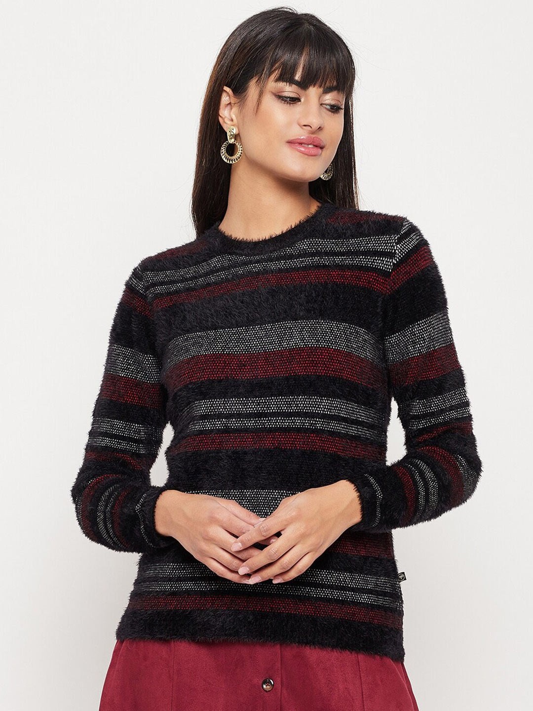 

Madame Women Striped Acrylic Pullover with Fuzzy Detail, Black