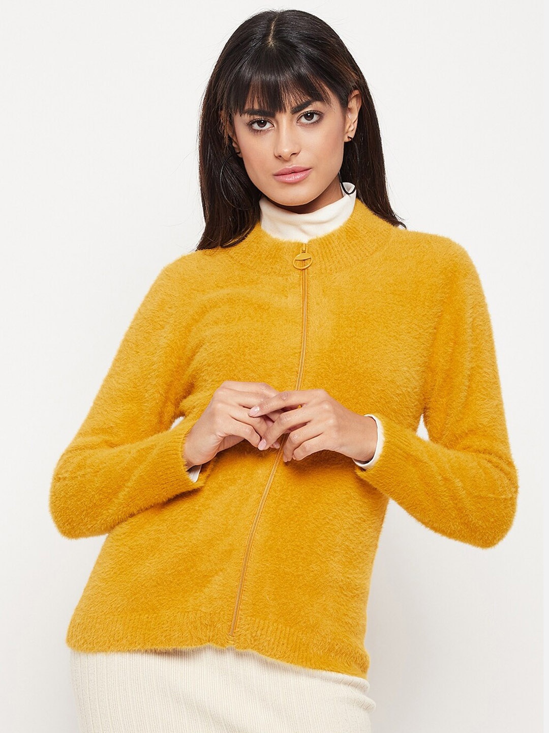 

Madame Women Cardigan with Fuzzy Detail, Mustard