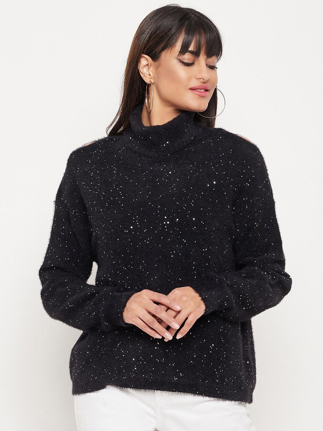 

Madame Women Embellished Turtle Neck Long Sleeves Pullover, Black
