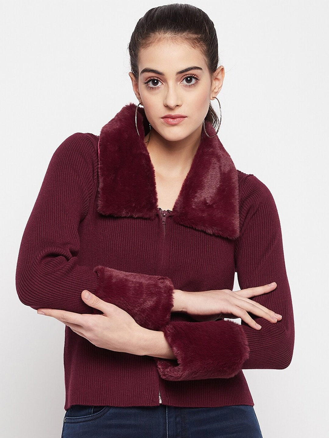 

Madame Women Ribbed Acrylic Cardigan with Fuzzy Detail, Maroon