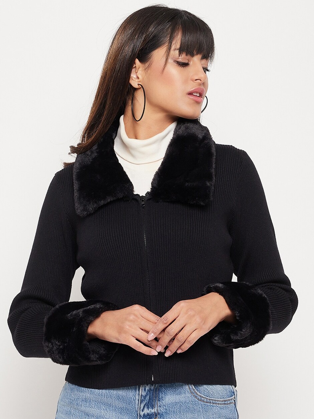 

Madame Women Ribbed Acrylic Cardigan with Fuzzy Detail, Black