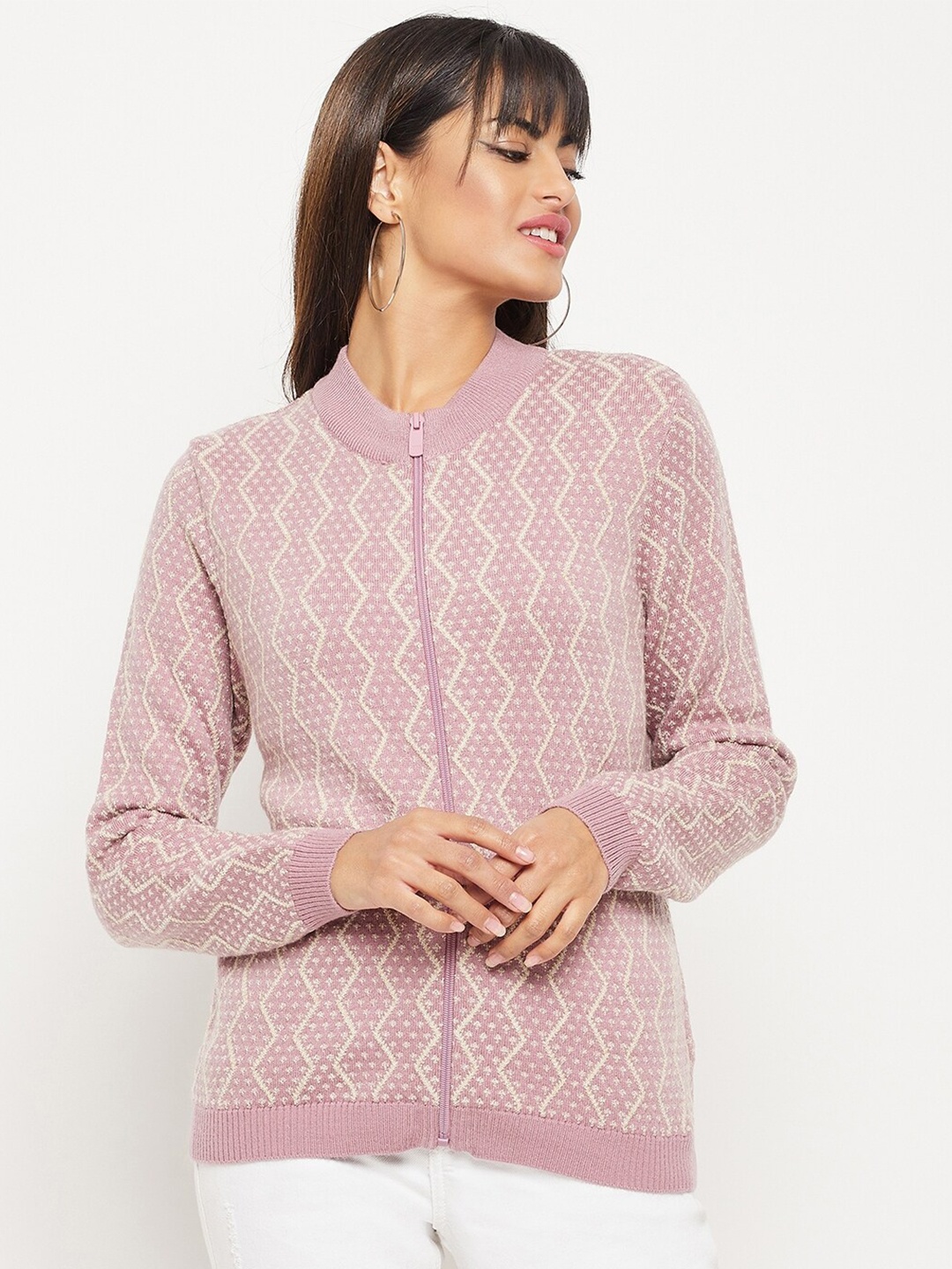 

Madame Women Round Neck Geometric Printed Cardigan, Mauve