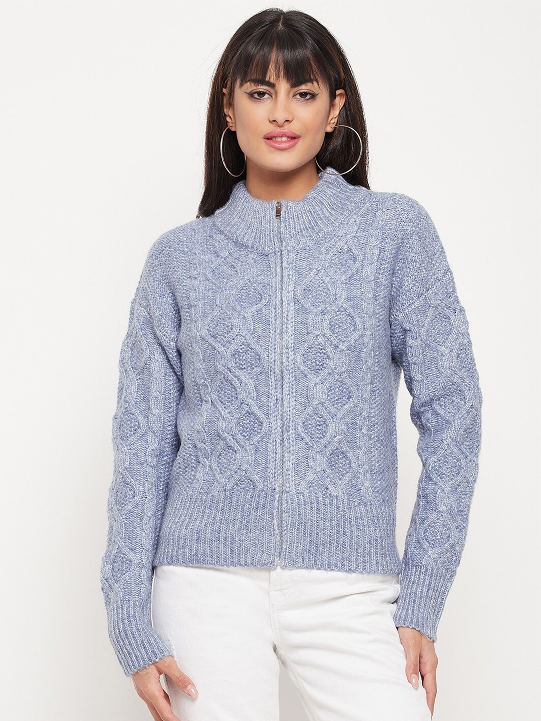 

Madame Women Self Design Open Knit Cardigan, Blue