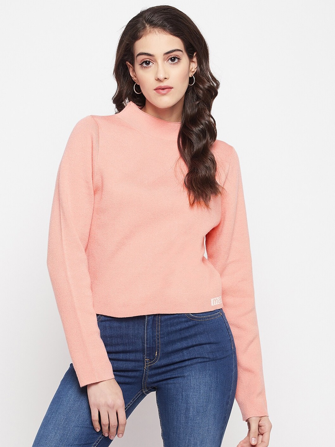 

Madame Women Mock Collar Acrylic Pullover, Peach