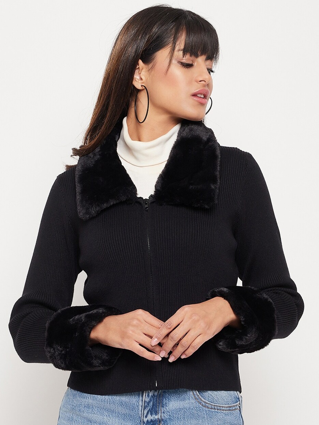 

Madame Women Ribbed Cardigan with Fuzzy Detail, Black