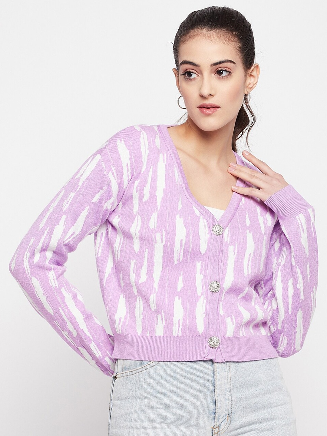 

Madame V-Neck Printed Acrylic Crop Cardigan, Lavender