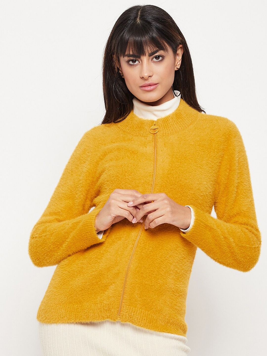 

Madame Zipper Cardigan with Fuzzy Detail, Mustard