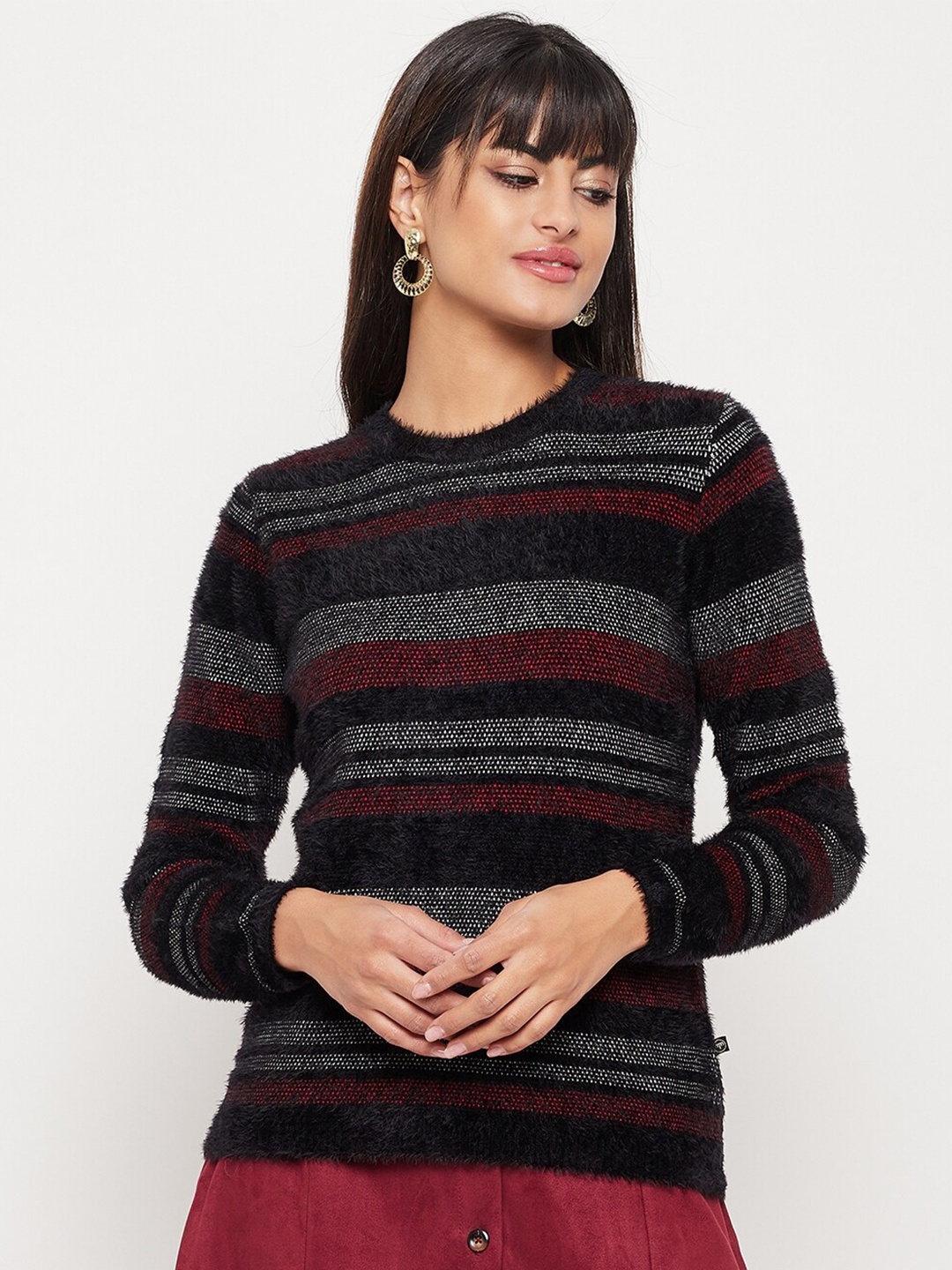 

Madame Women Striped Acrylic Pullover, Black