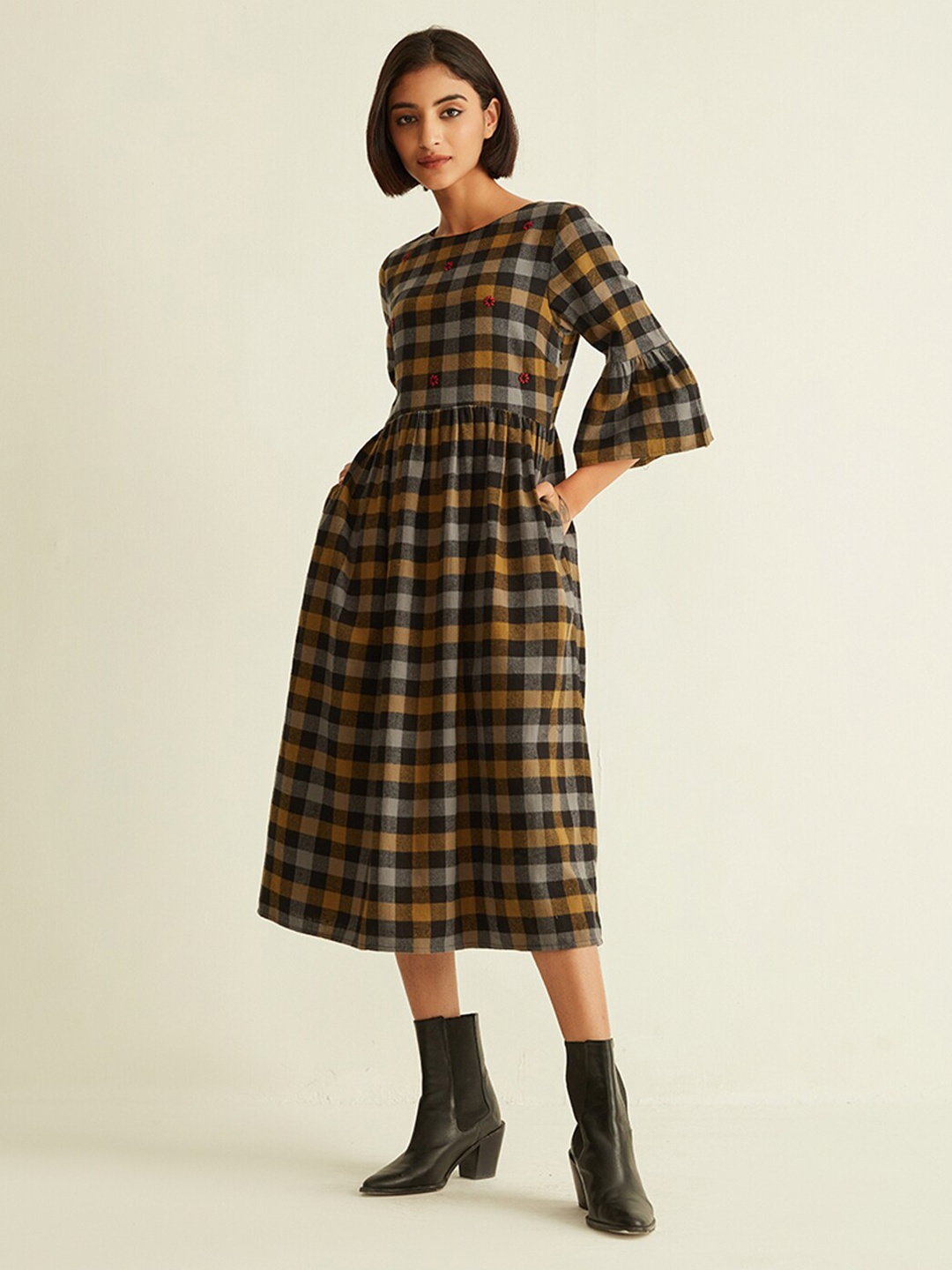 

Ancestry Checked Midi Fit and Flare Dress, Green