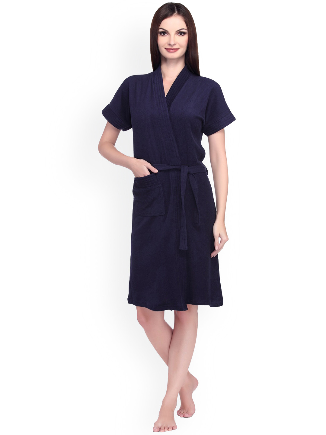 

Sand Dune Women Plus Size Pure Cotton Bath Robe with Belt, Navy blue