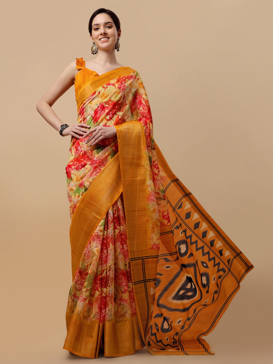 

KALINI Women Floral Printed Art Silk Saree, Mustard