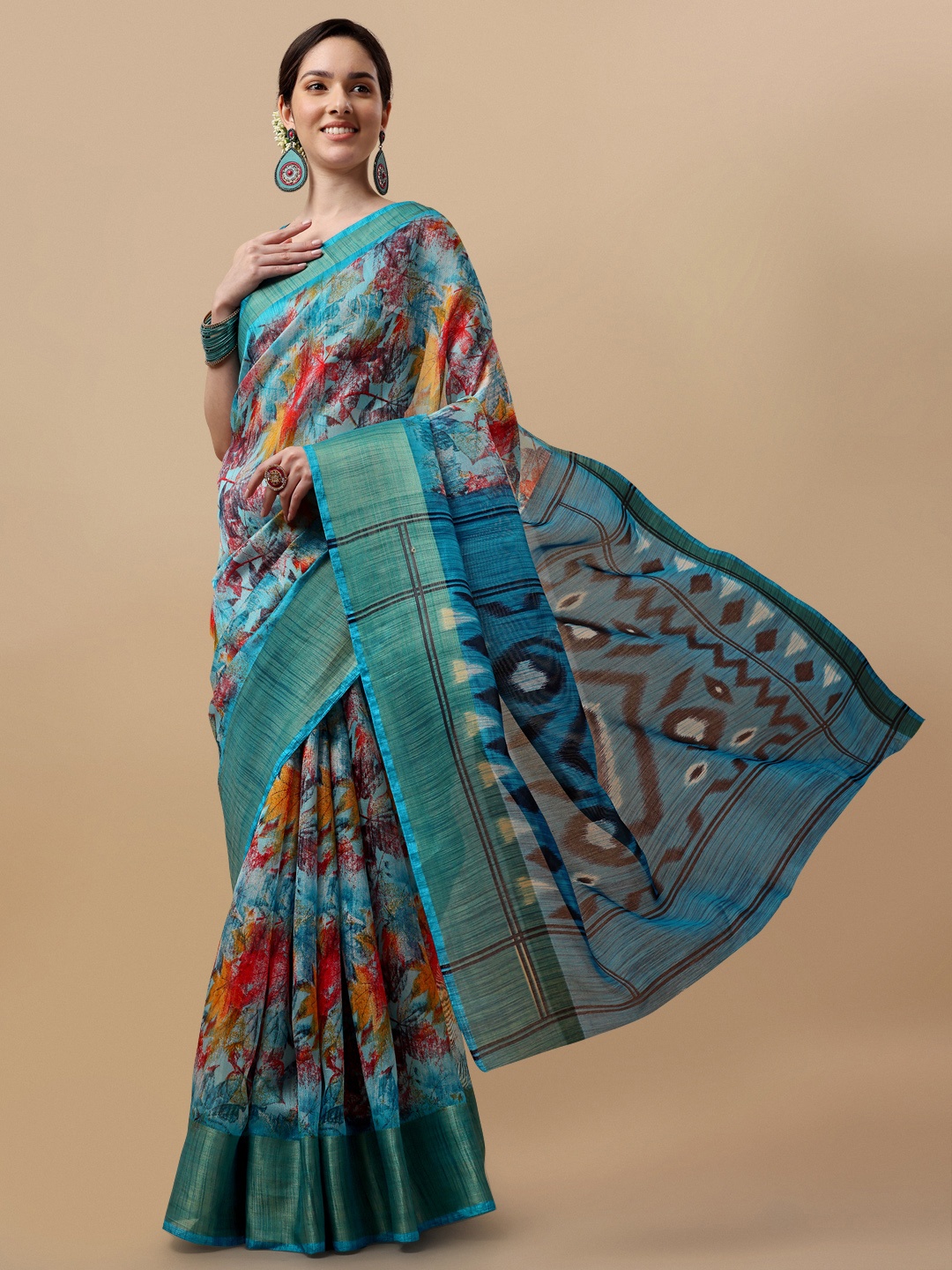 

KALINI Women Floral Printed Art Silk Saree, Blue