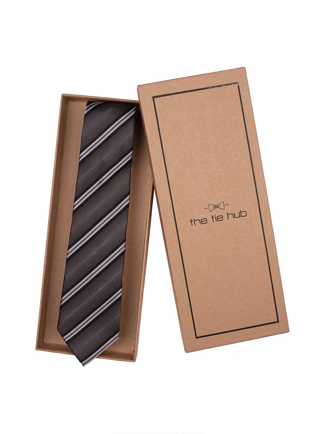 

The Tie Hub Men Striped Pure Silk Skinny Tie, Grey