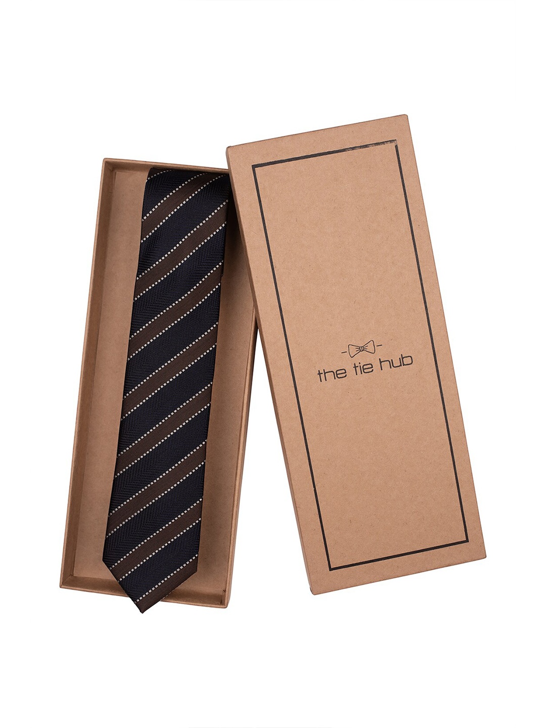 

The Tie Hub Men Striped Pure Silk Broad Tie, Navy blue