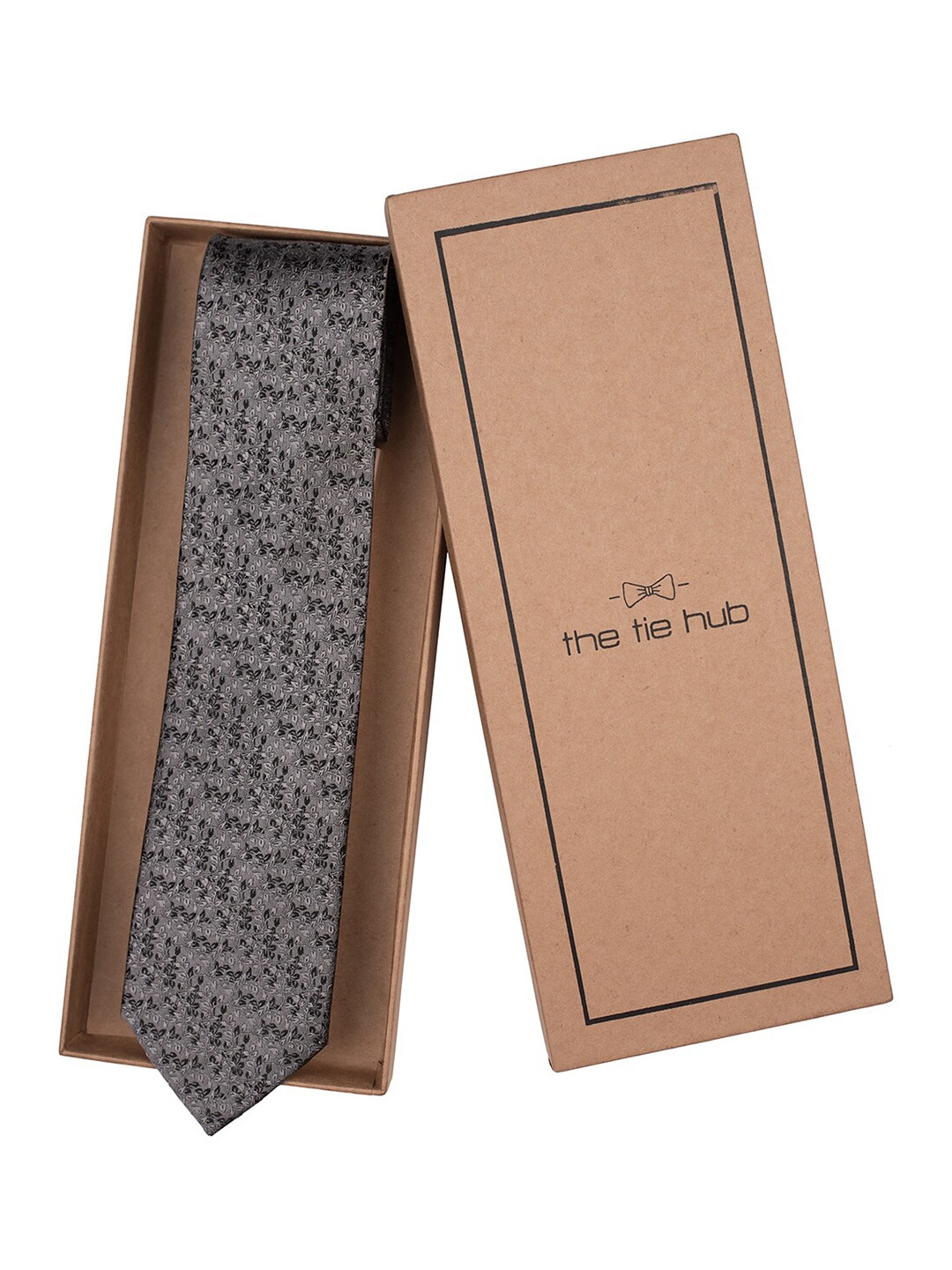 

The Tie Hub Men Grey & Black Woven Design Silk Broad Tie