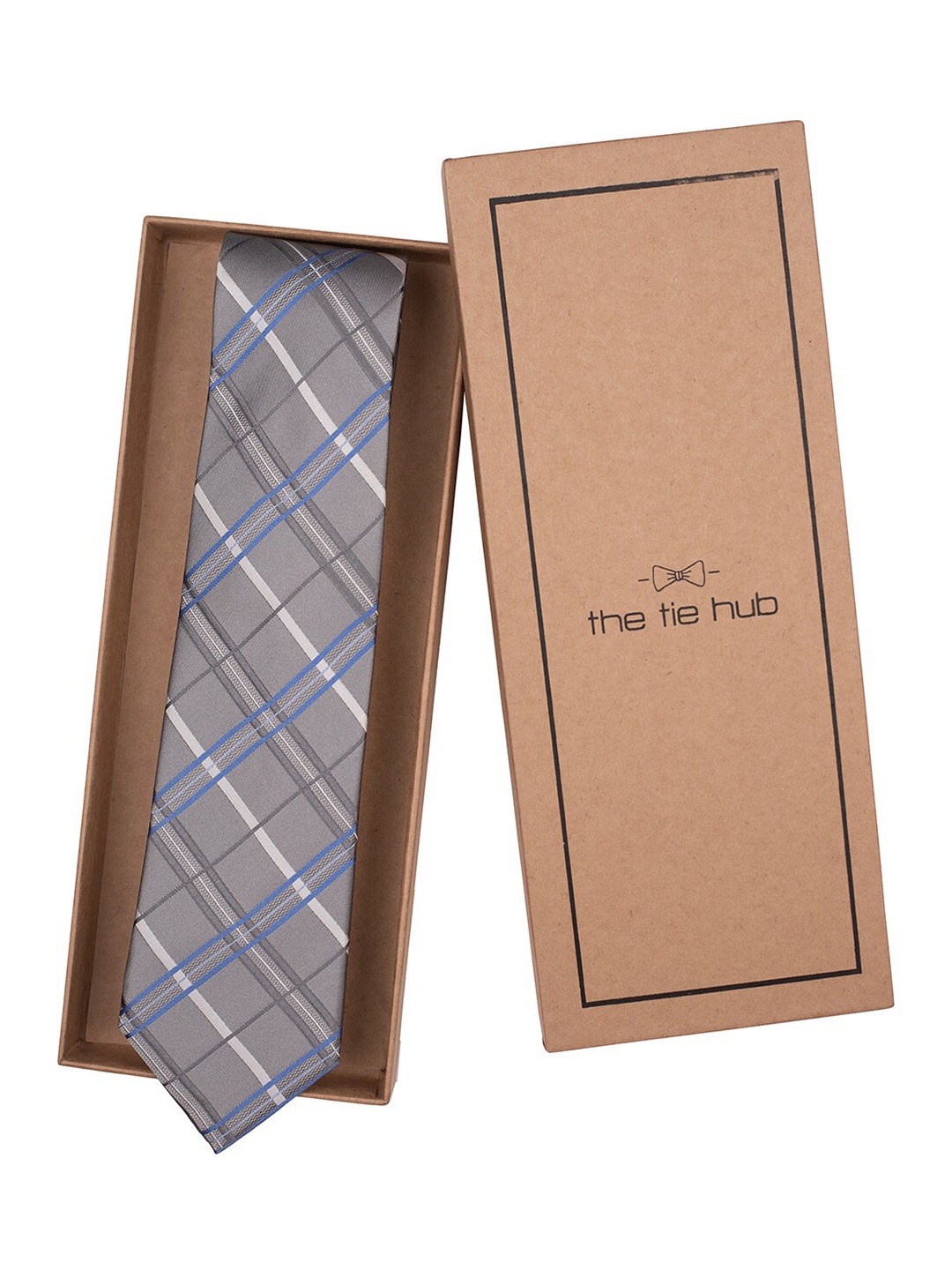 

The Tie Hub Men Checked 100% Silk Broad Tie, Grey