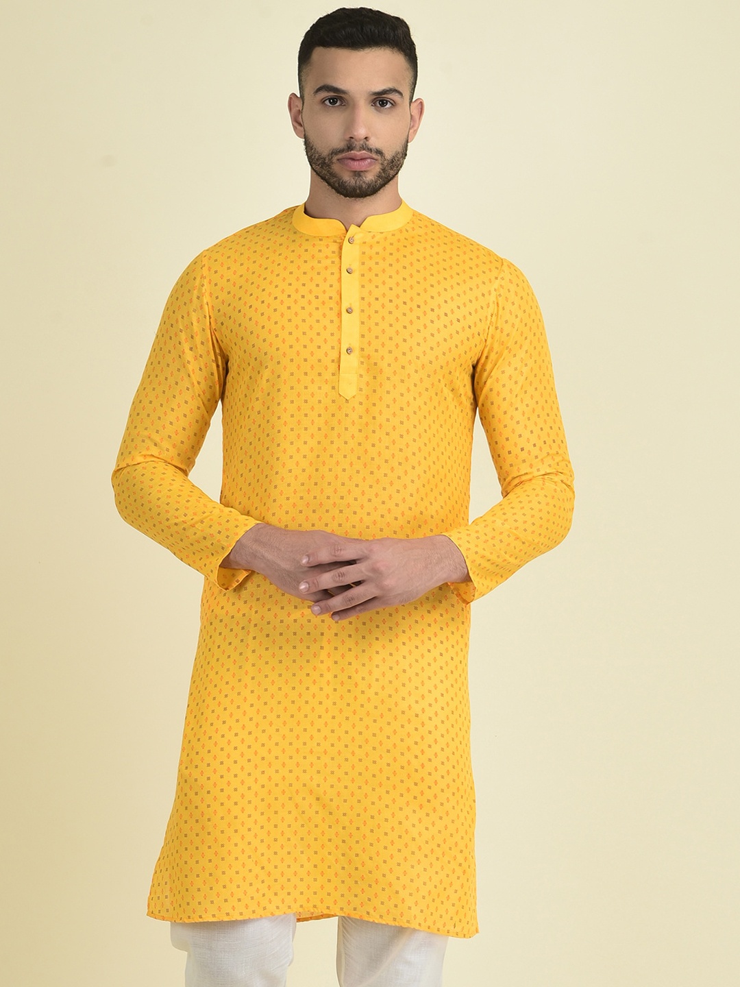 

DEYANN Men Ethnic Motifs Printed Pure Cotton Kurta with Pyjamas, Yellow