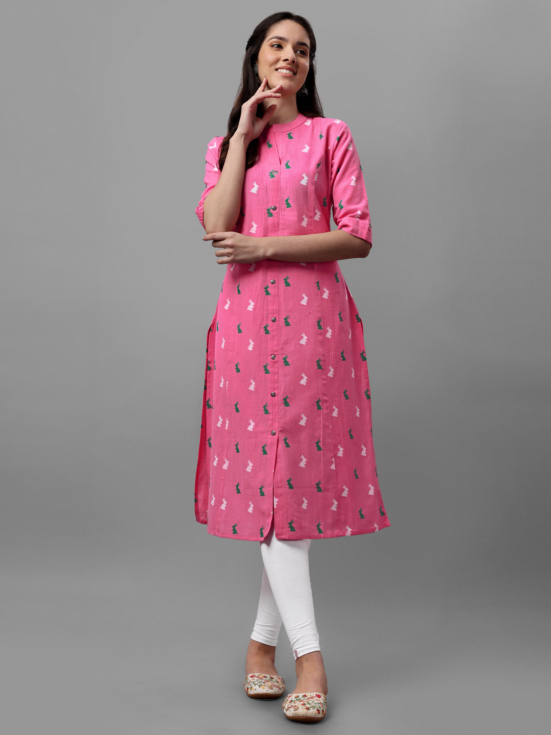 

KALINI Women Animal Print Pure Cotton Straight Kurta, Pink
