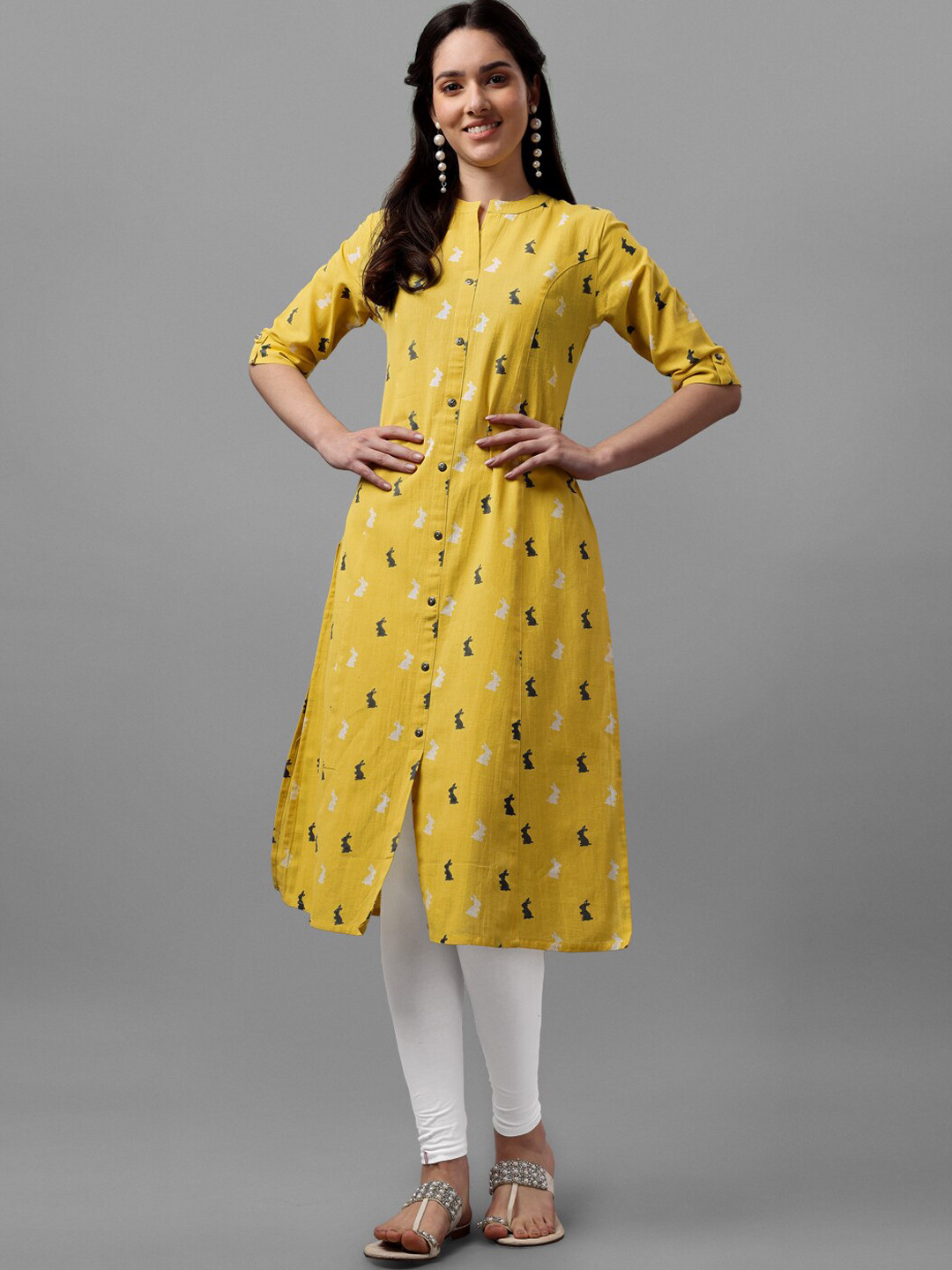 

KALINI Mandarin Collar Printed Cotton Kurta, Yellow